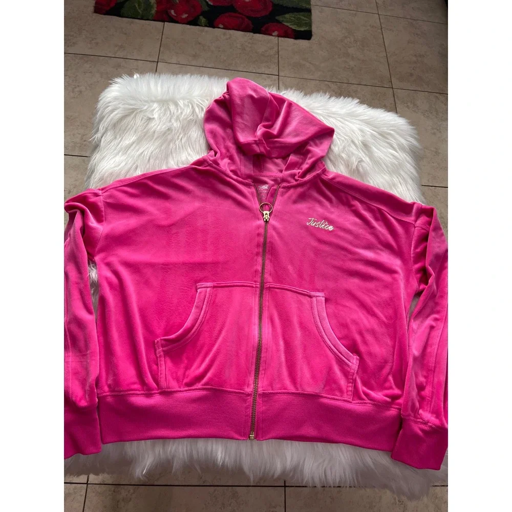 Justice Girls Pink Velour Full-Zip Cropped Hoodie Cargo Pocket Size Large
